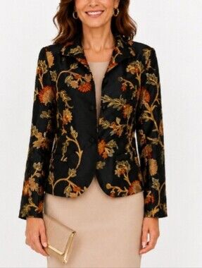 Connie Roberson 100% Silk Embroidered Jacket Blazer Black Floral Art to Wear M